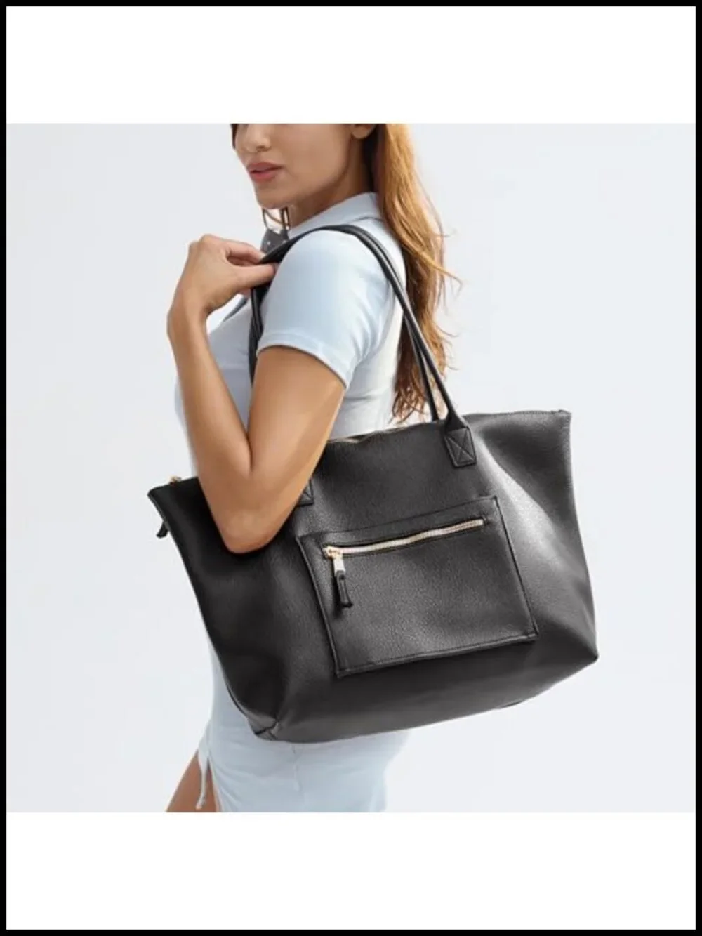 Large Vegan Leather Tote Bag with Zipper and Luggage Sleeve